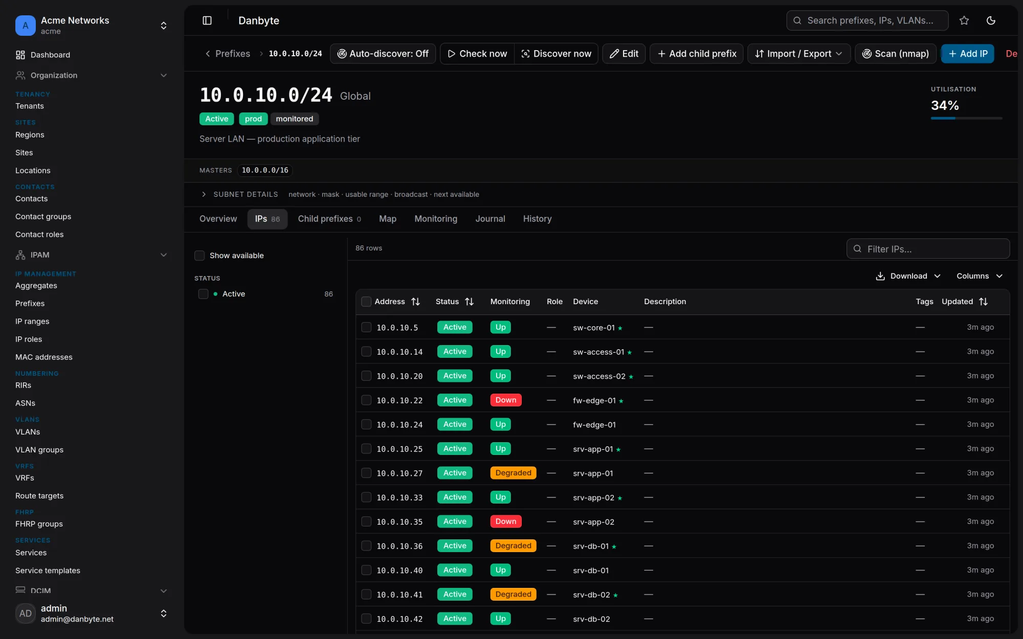 The IP address list — every address in a prefix with status, DNS name and assignment.