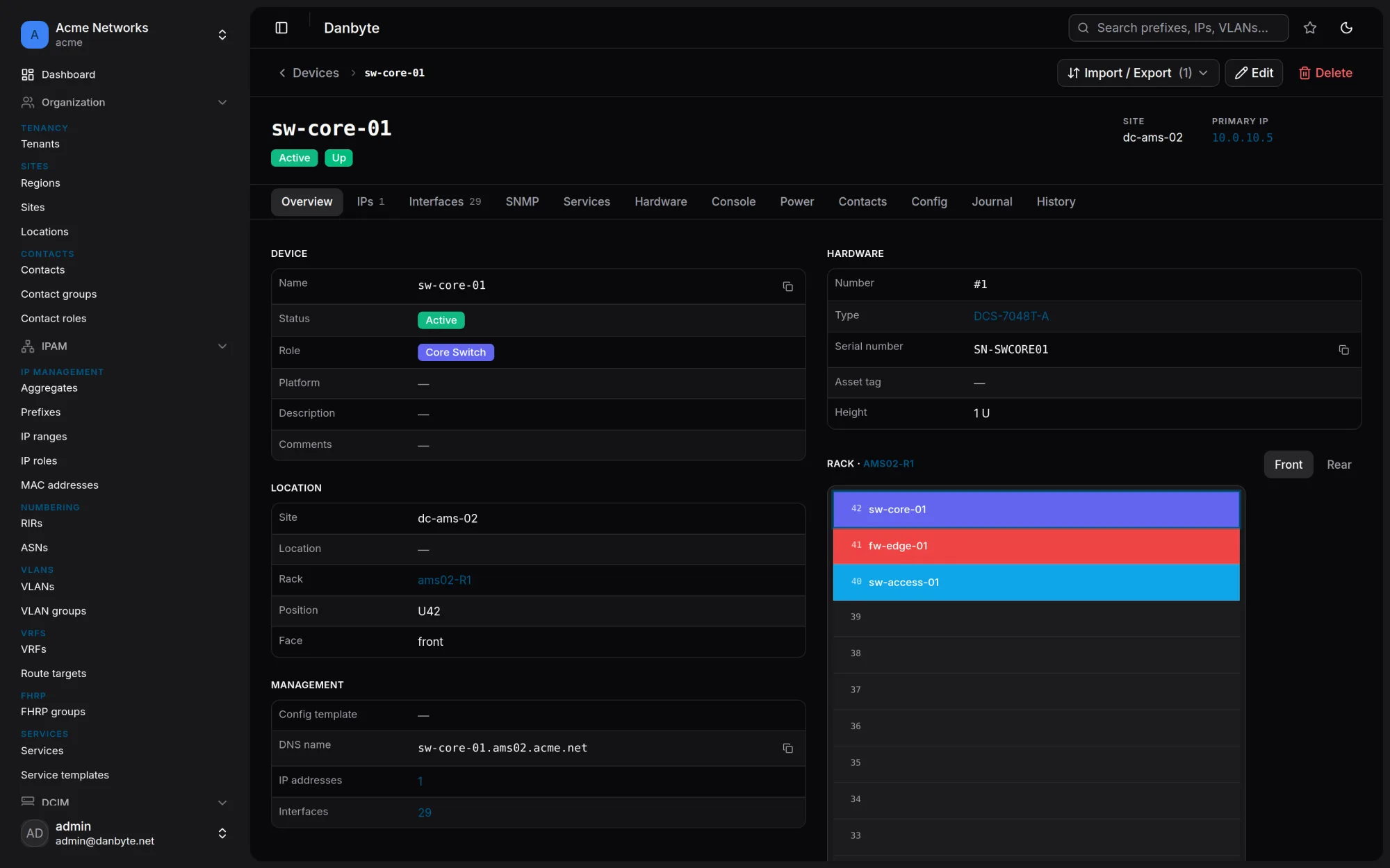 A device detail view — interfaces, IPs, rack position, power and connections in one place.