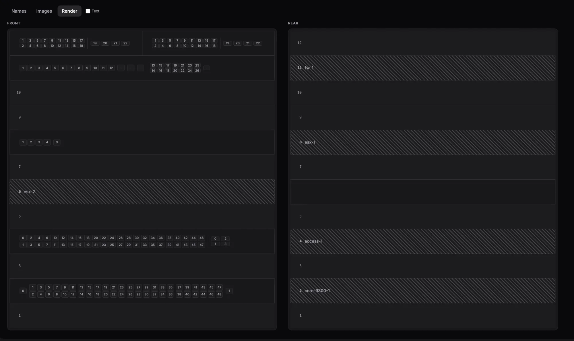 A rack elevation in Render mode — mm-true hardware, front and rear, exportable to PNG.