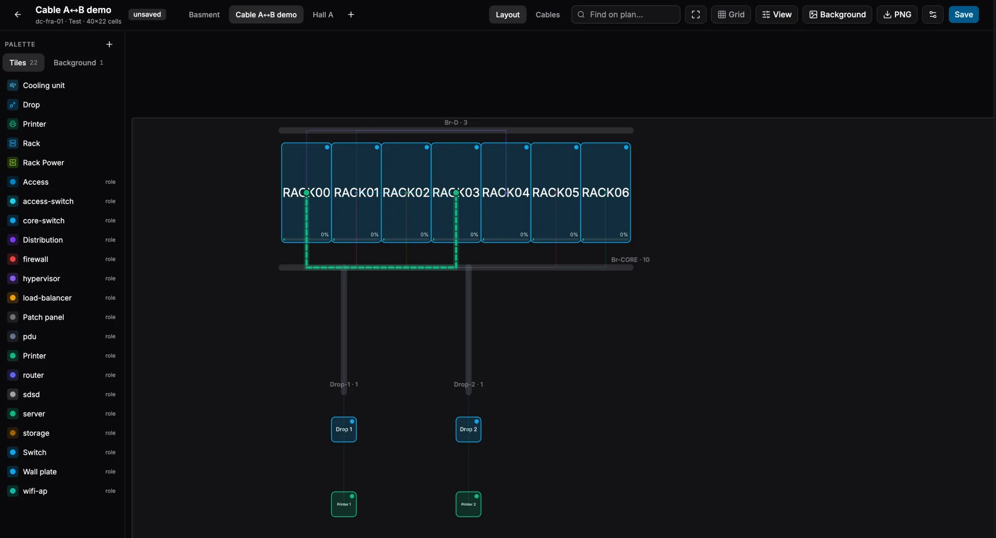 Floor plans are a live spatial index — utilization, monitoring status, and cable tracing right on the floor.